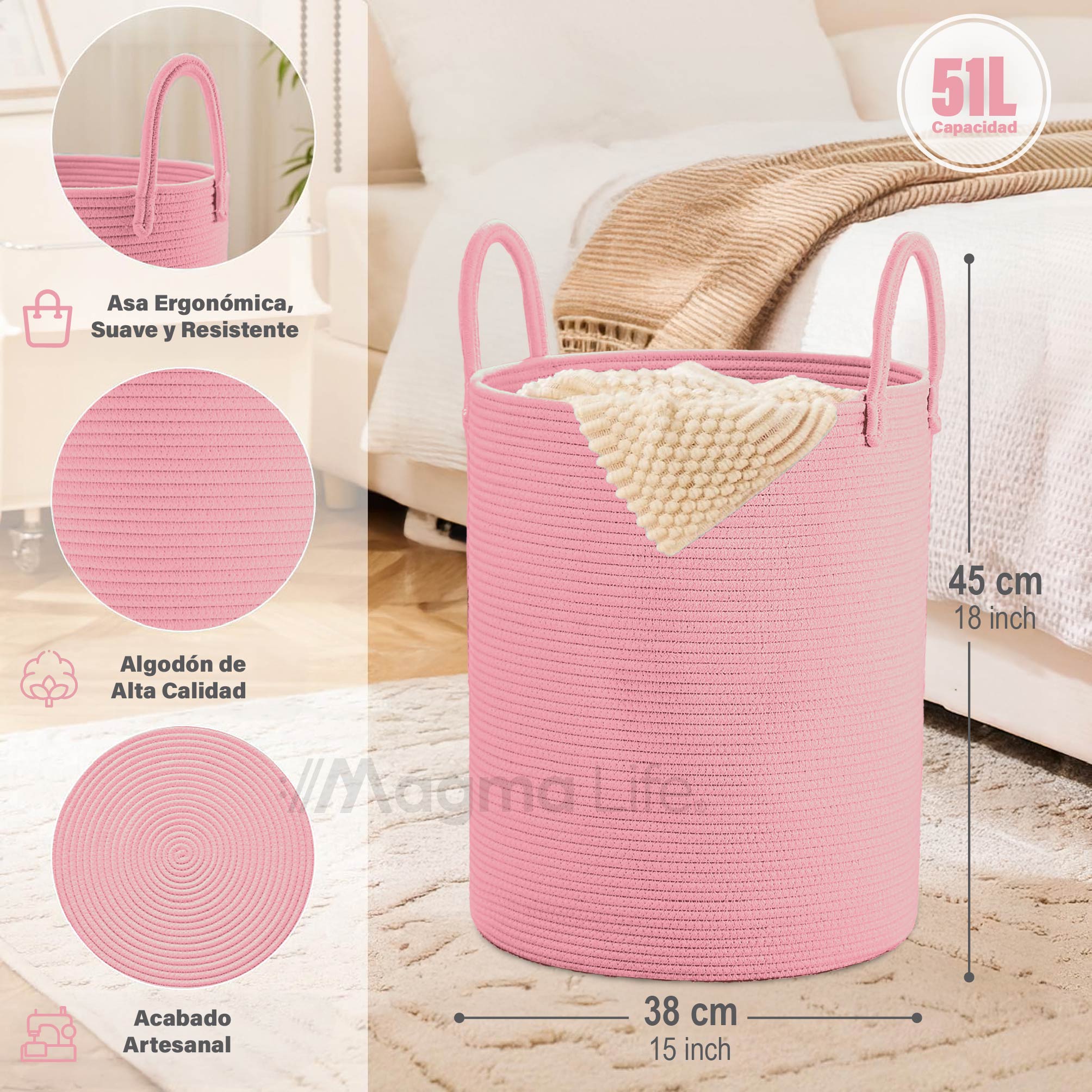 Foto 5 | Magma Life Cesta De Lavandería De Cuerda De Algodón, Plegable Y Duradera, Con Dos Asas Resistentes  (color Rosa Claro)