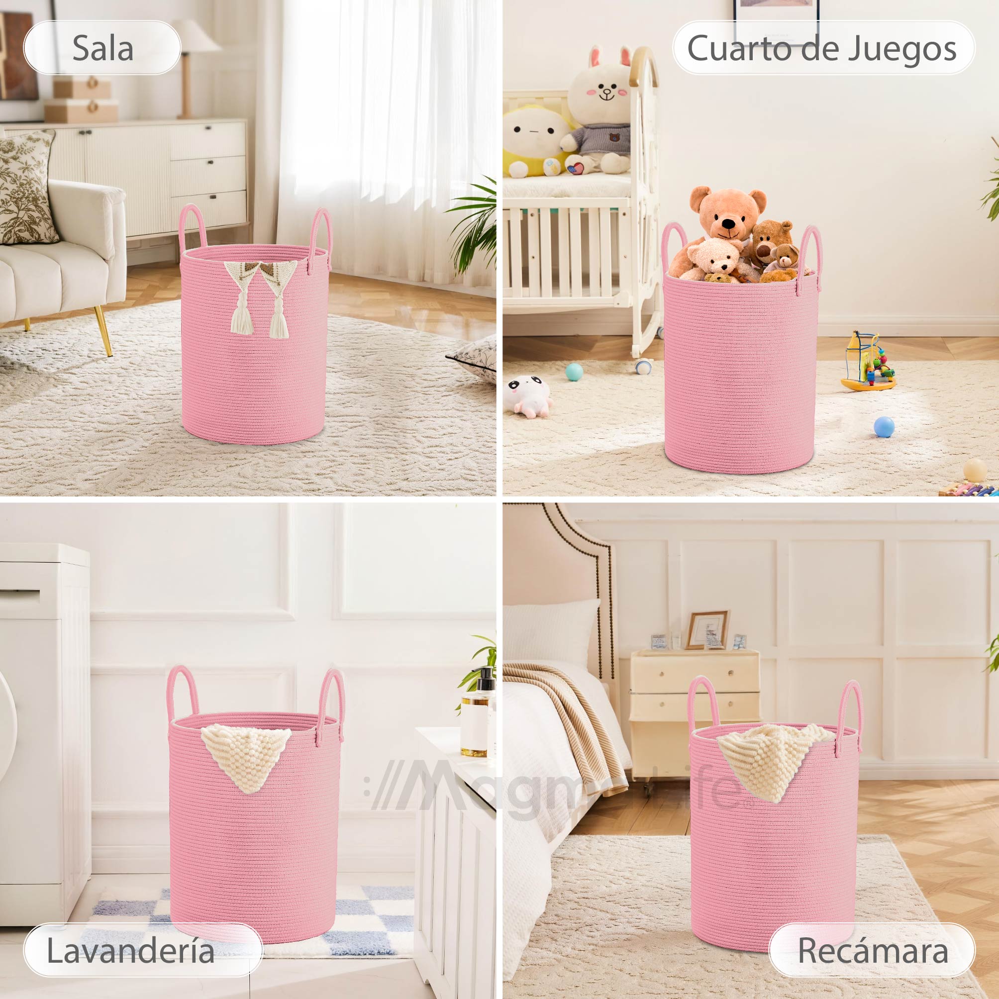 Foto 6 | Magma Life Cesta De Lavandería De Cuerda De Algodón, Plegable Y Duradera, Con Dos Asas Resistentes  (color Rosa Claro)