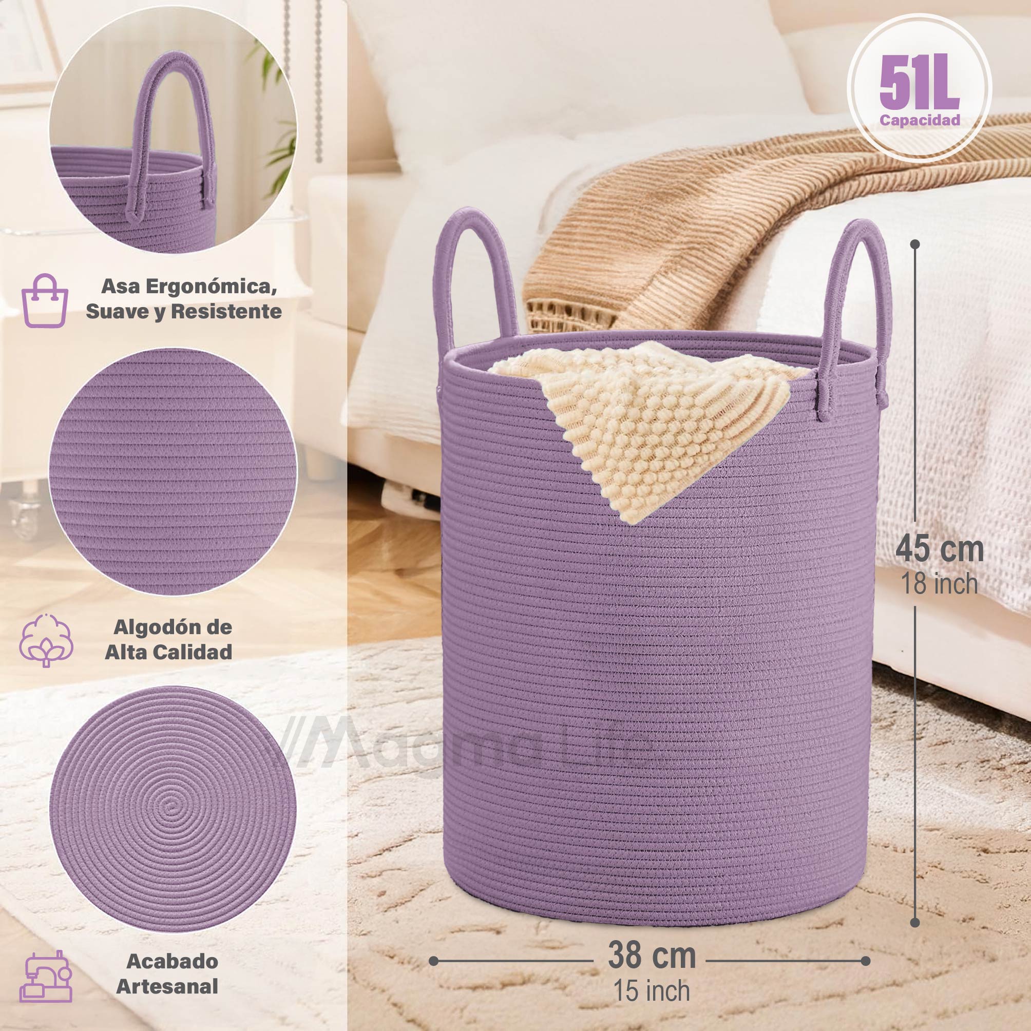 Foto 4 | Magma Life Cesta De Lavandería De Cuerda De Algodón, Plegable Y Duradera, Con Dos Asas Resistentes (color Lila)