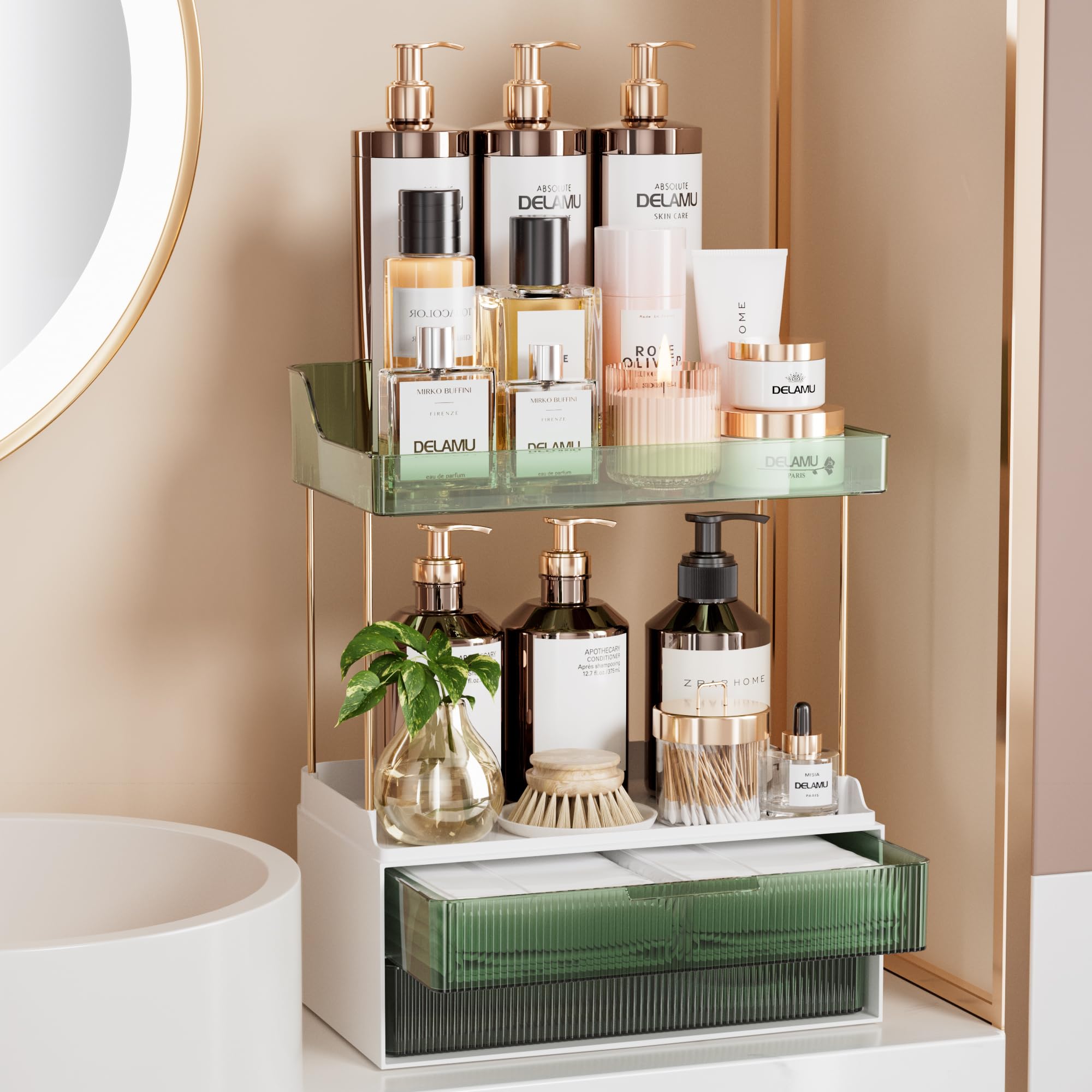 Foto 1 | Organizador De Baño Delamu De 2 Niveles Y 2 Cajones, Color Verde - Venta Internacional.