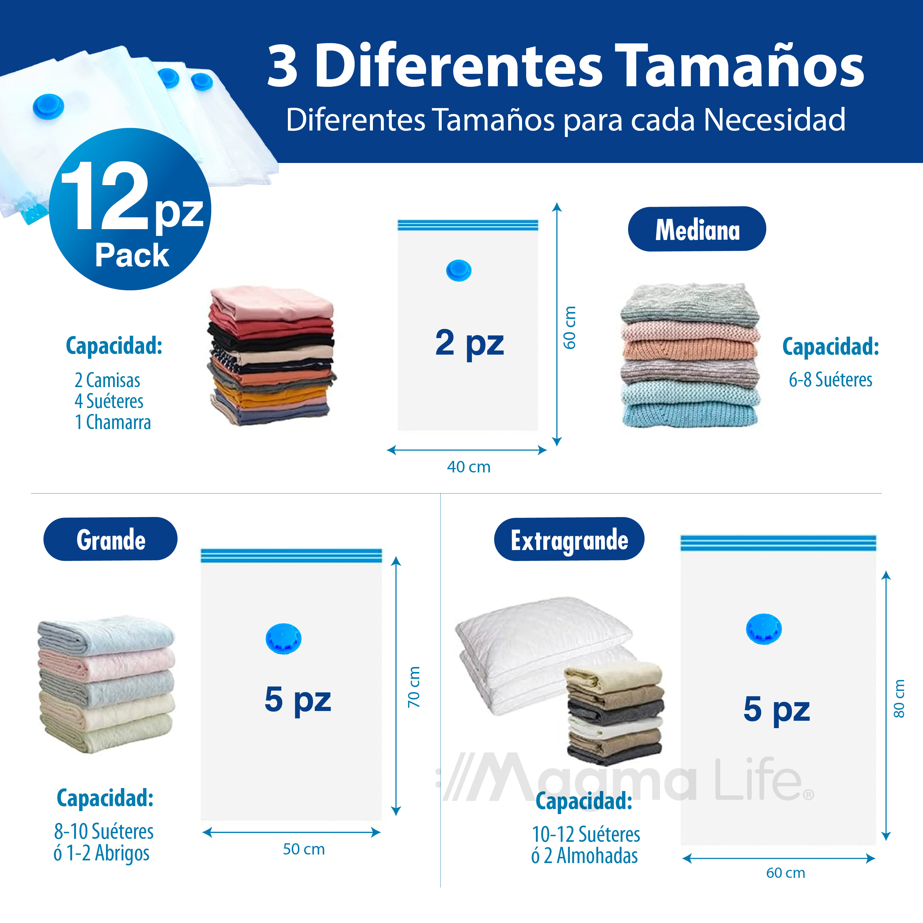 Foto 7 | Magma Life Bolsas Compresión Al Vacío 12pzs 3 Tamaños  Ahorro De Espacio