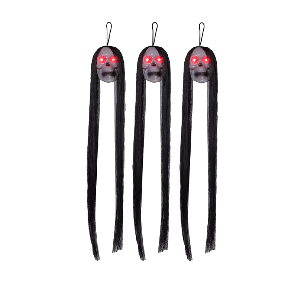 3pcs Decoración De Halloween Brilla Cráneo Colgante Con Pelo Negro $519