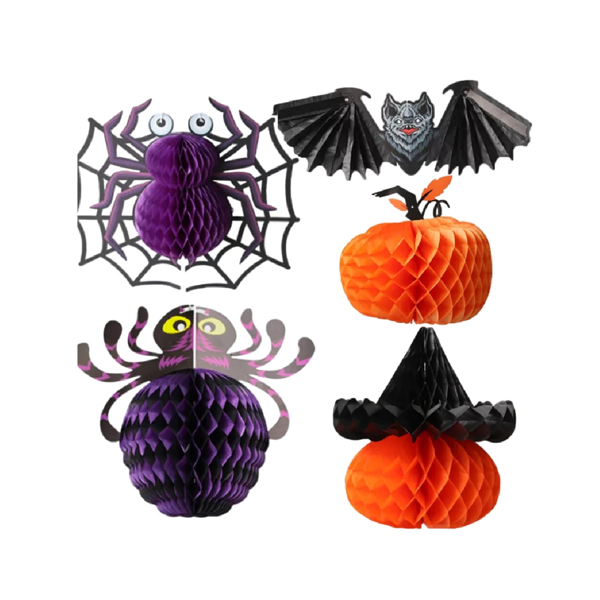 Halloween Decoraciones Papel Colgante Araña Linterna Juego 5 Morado Naranja $519