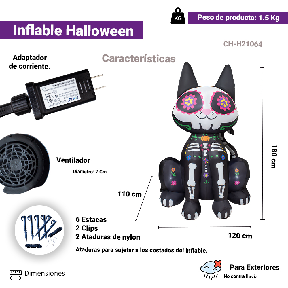 Foto 3 pulgar | Inflable Halloween Gato Catrin Con Luz Decorativo 1.80mts