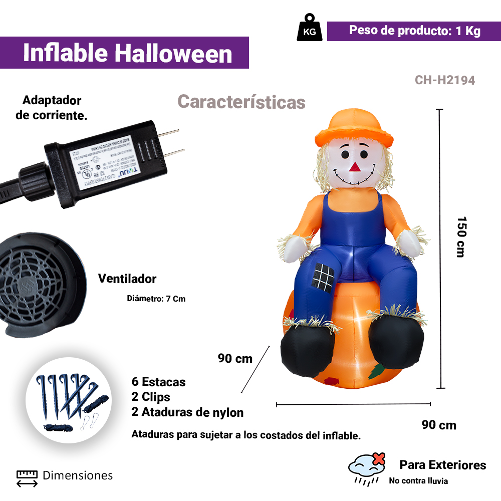 Foto 3 pulgar | Inflable Halloween Espantapajaros Sentado Con Luz 1.50mts