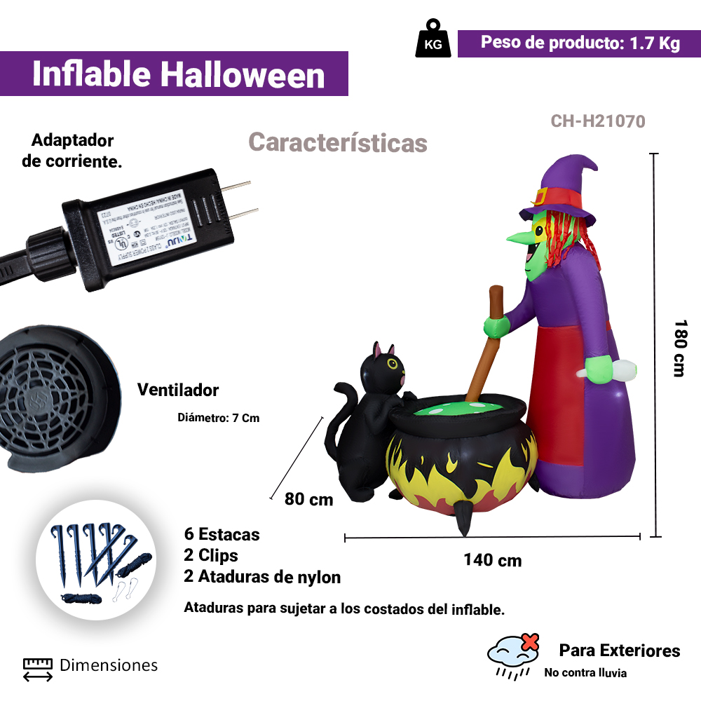 Foto 3 pulgar | Inflable Halloween Bruja Y Gato Con Olla Con Luz Decorativo 1.80mts