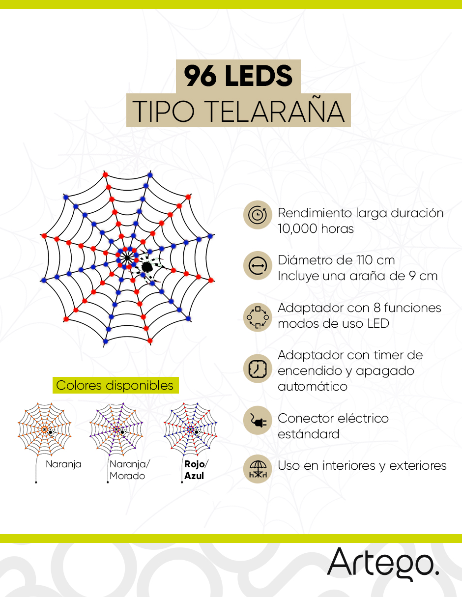 Foto 2 | Luces De Halloween 96 Leds Forma Telaraña Rojo / Azul Con Temporizador Artego