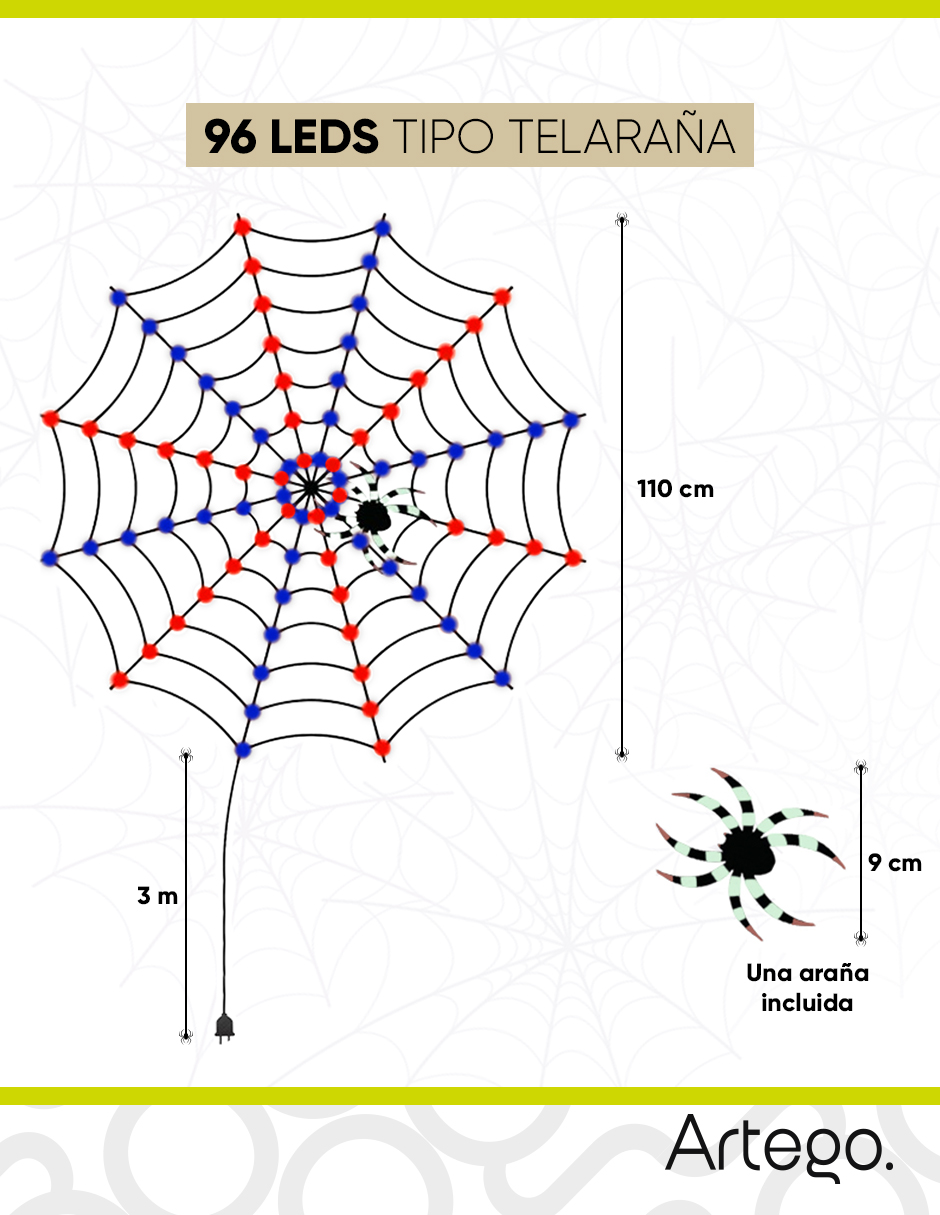Foto 3 | Luces De Halloween 96 Leds Forma Telaraña Rojo / Azul Con Temporizador Artego