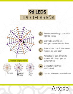 Foto 2 | Luces De Halloween 96 Leds Forma Telaraña Naranja / Morado Con Temporizador Artego