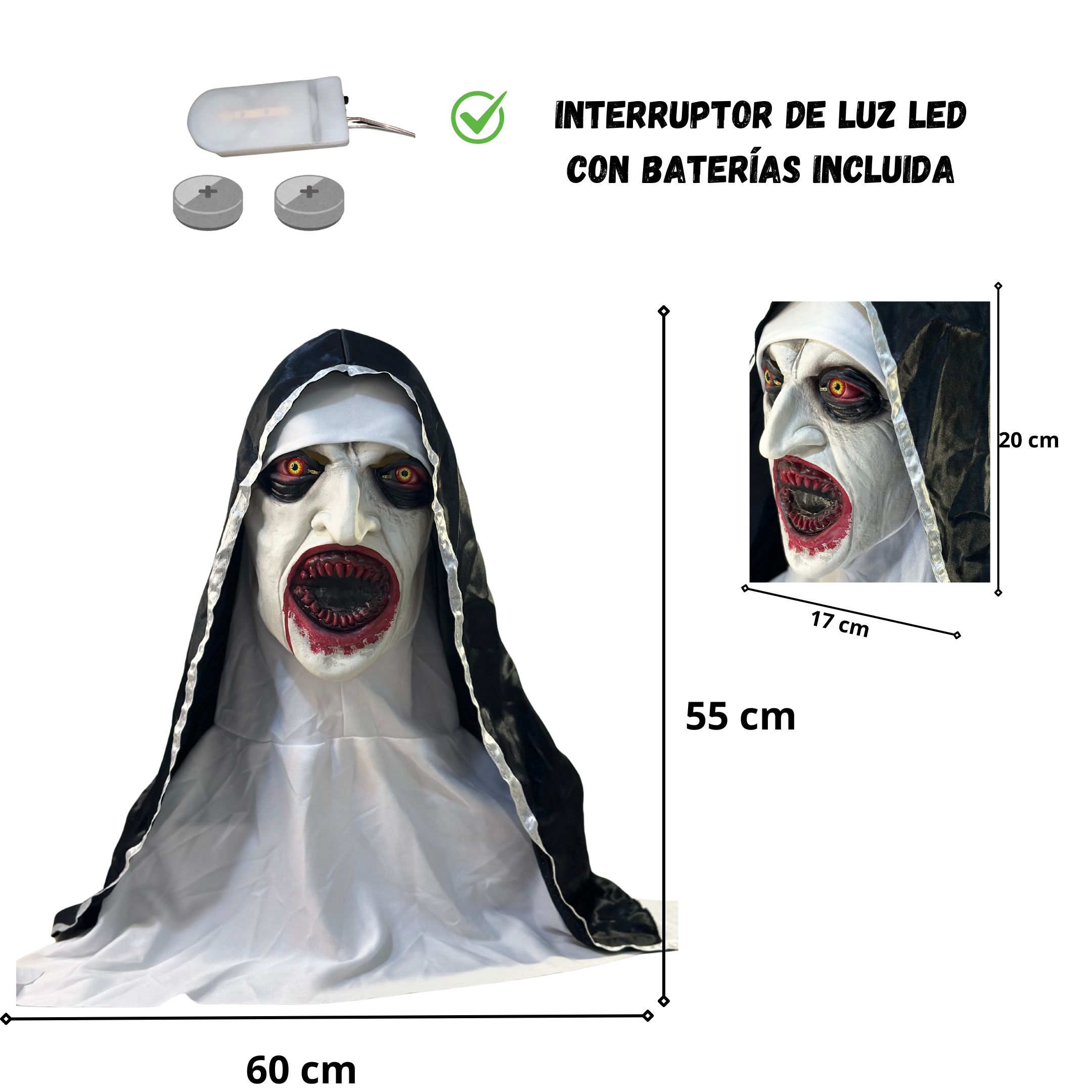Foto 4 pulgar | Kit 5 Máscaras La Monja Látex Negro Con Luces Led En Ojos Halloween Adulto Baterías Incluidas Diseño Realista Tall