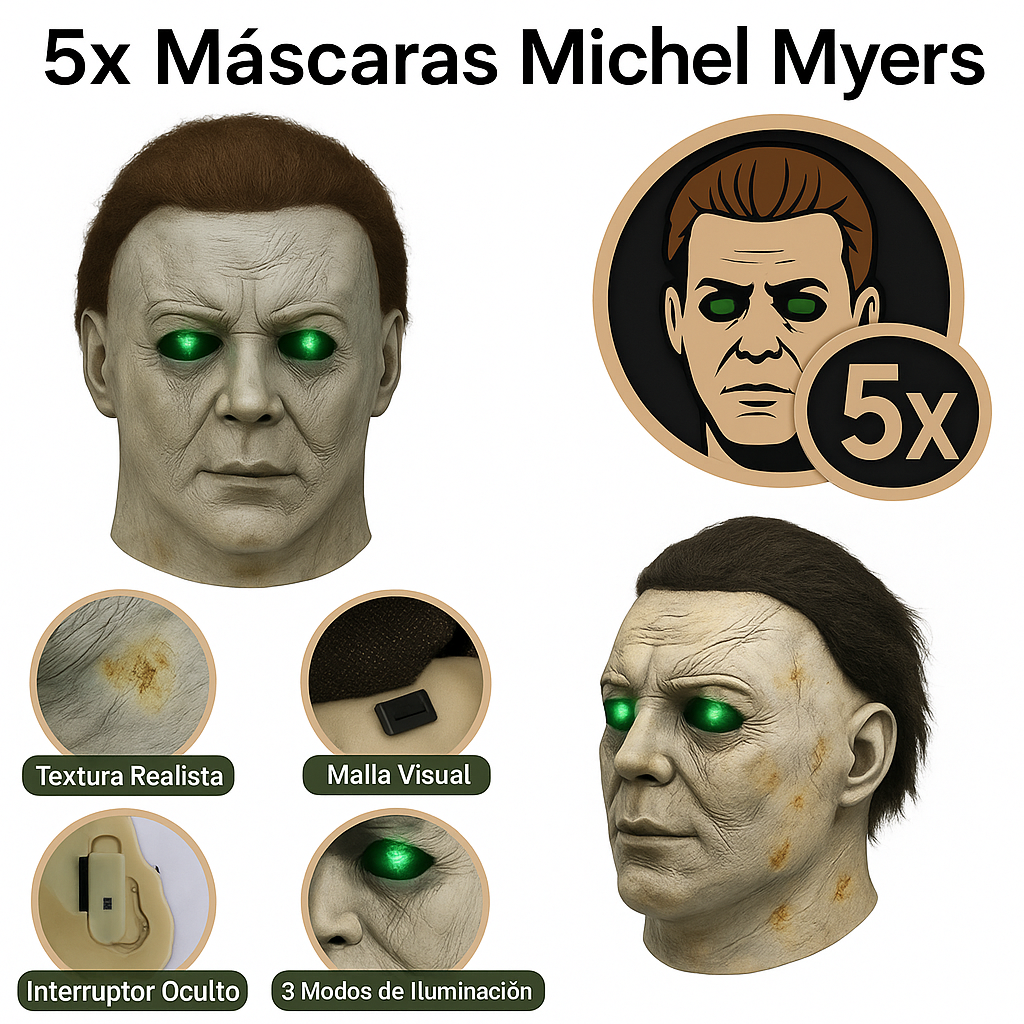 Foto 6 pulgar | Kit 5 Máscaras Michael Myers Látex Realista Con Ojos Led 3 Modos Halloween Adulto Baterías Incluidas Talla Universal