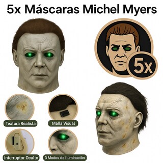 Foto 5 | Kit 5 Máscaras Michael Myers Látex Realista Con Ojos Led 3 Modos Halloween Adulto Baterías Incluidas Talla Universal