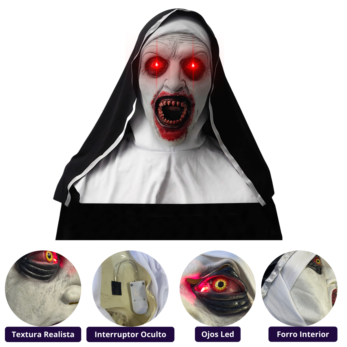 Foto 1 | Máscara La Monja Látex Realista Con Ojos Led Halloween Cosplay Adulto Pilas Incluidas