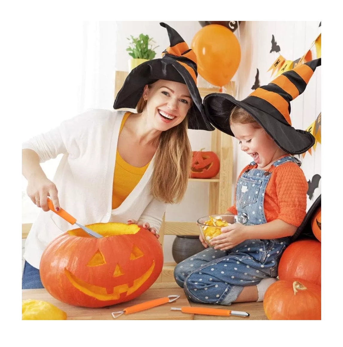 Foto 4 | Tallar Calabazas De Halloween Decoración 5 Pzs, Color Naranja
