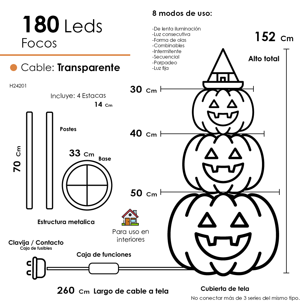 Foto 2 | Decoración de Halloween Calabazas de Tela Luz Led 1.50 Metros