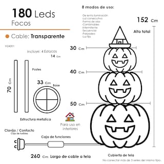 Foto 2 | Decoración de Halloween Calabazas de Tela Luz Led 1.50 Metros
