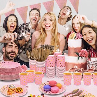 Foto 4 | Paquete Vajilla Desechable De Fiesta Rosa Puntos Dorados 25 Personas