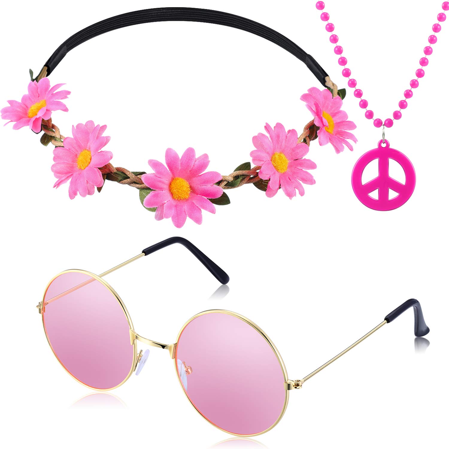 Set De Accesorios: Collar, Diadema Y Gafas De Sol Con El Signo De La Paz De Tatuo Hippie - Venta Internacional.