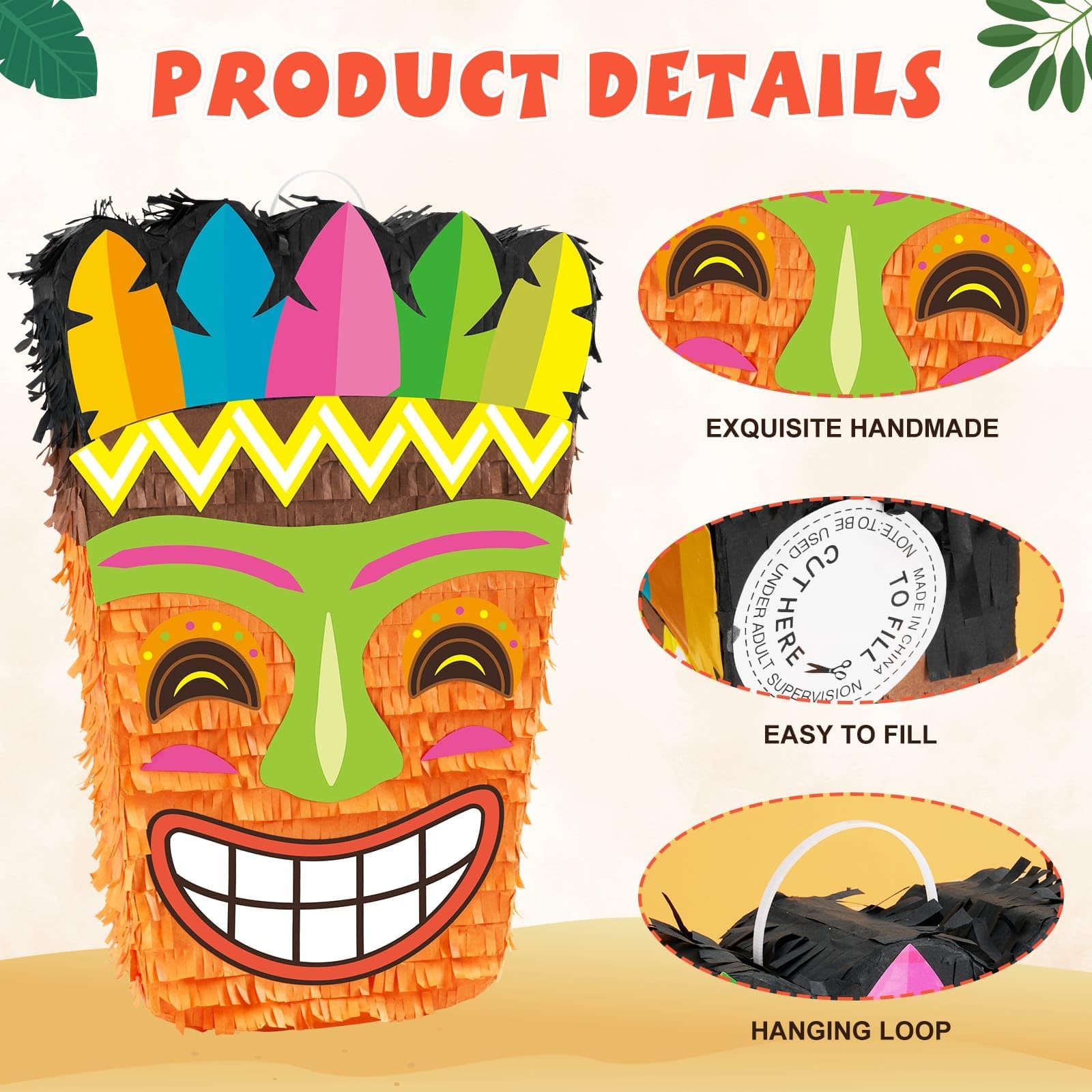Foto 4 | Piñata Wernnsai Tiki Tropical Hawaii Con Los Ojos Vendados Y Murciélago Para Niños - Venta Internacional.