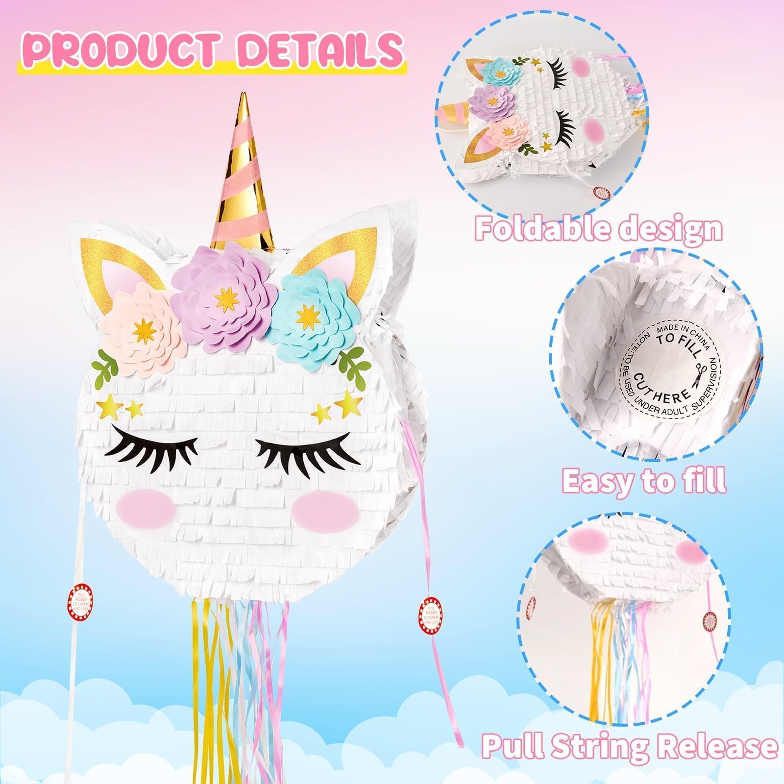 Foto 6 | Piñata De Unicornio Plegable Wernnsai Para Fiesta De Cumpleaños De Unicornios - Venta Internacional.
