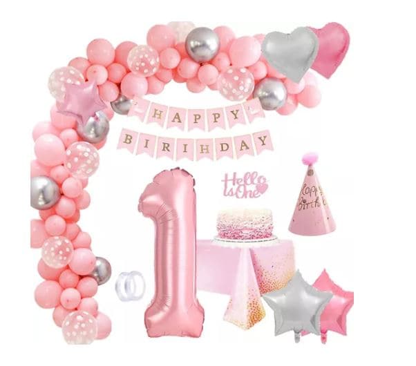 Decoraciones para Fiesta de Cumpleaños Rosa 1 Año 44 Piezas $657