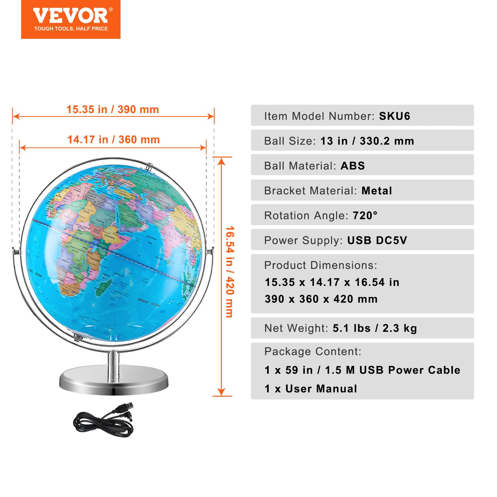 Foto 7 | World Globe Vevor Iluminado De 13 Pulgadas Con Soporte Y Luz Led - Venta Internacional.