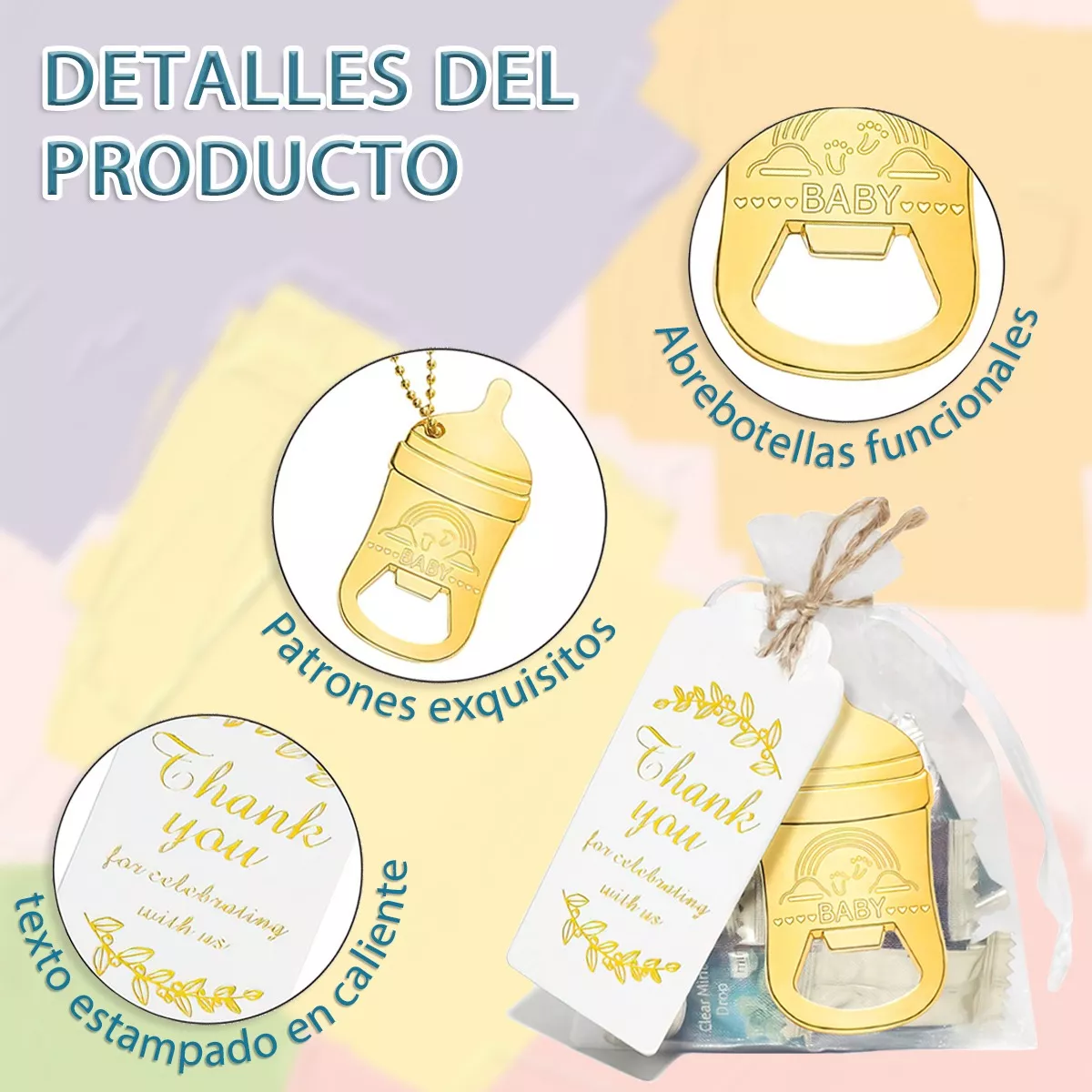 Foto 4 pulgar | Regalo de Baby Shower Llaveros Chupete Saca Corchos Dorados 20 Piezas
