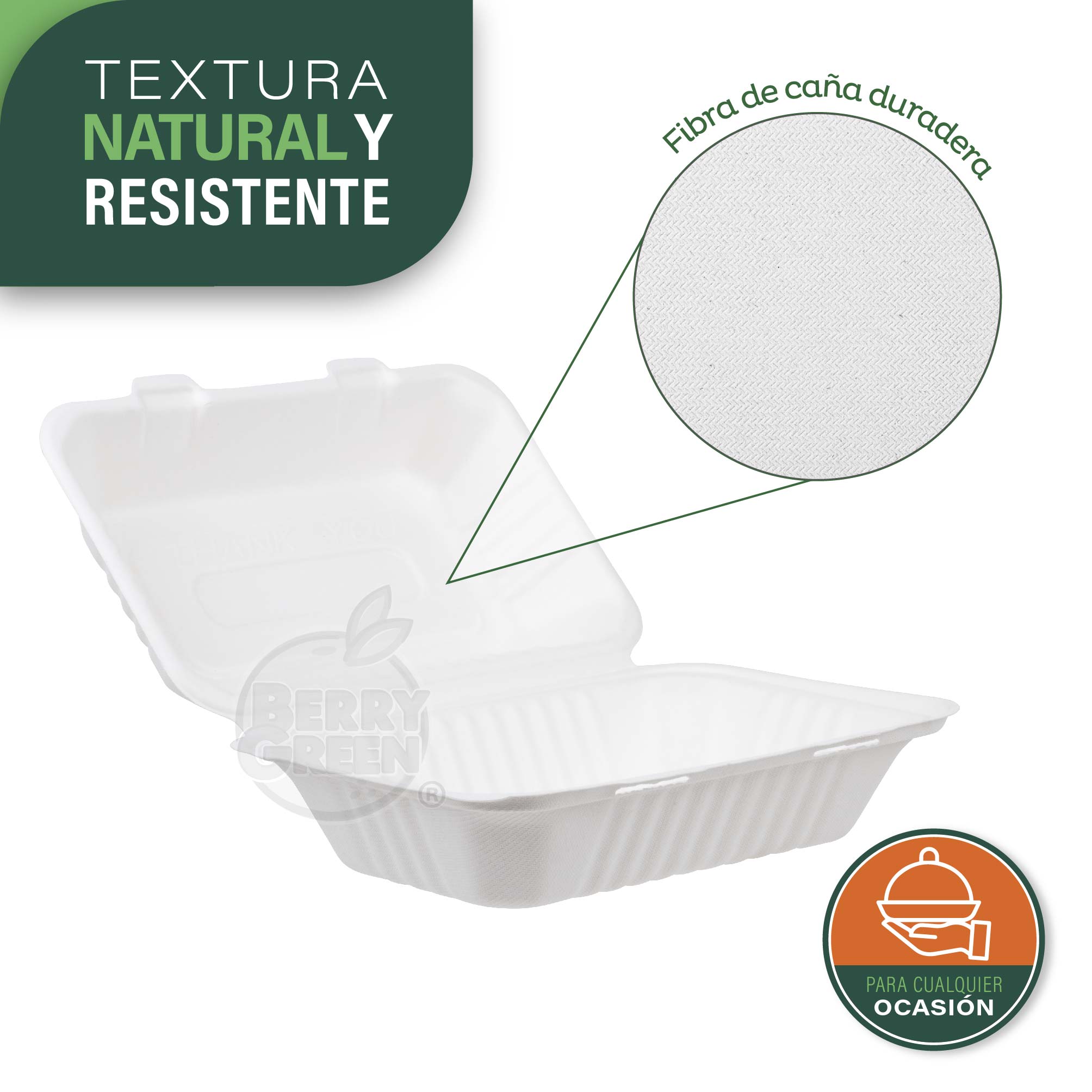 Foto 2 | Berry Green 50 Contenedores Compostables Grandes Para Alimentos, Material De Alta Calidad, Resistente A Los Liquidos