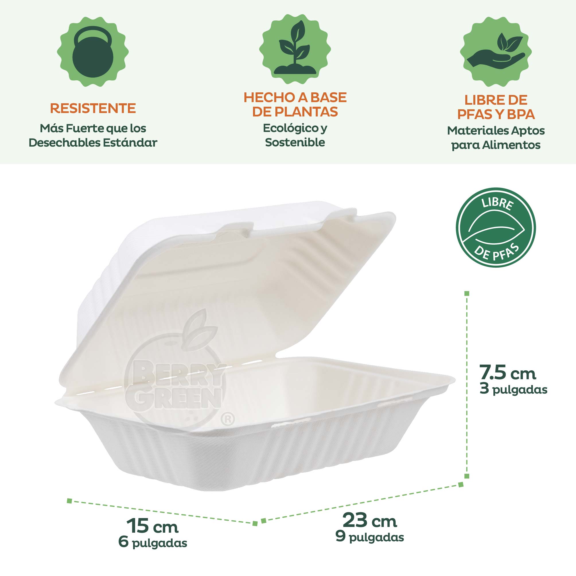 Foto 5 pulgar | Berry Green 50 Contenedores Compostables Grandes Para Alimentos, Material De Alta Calidad, Resistente A Los Liquidos