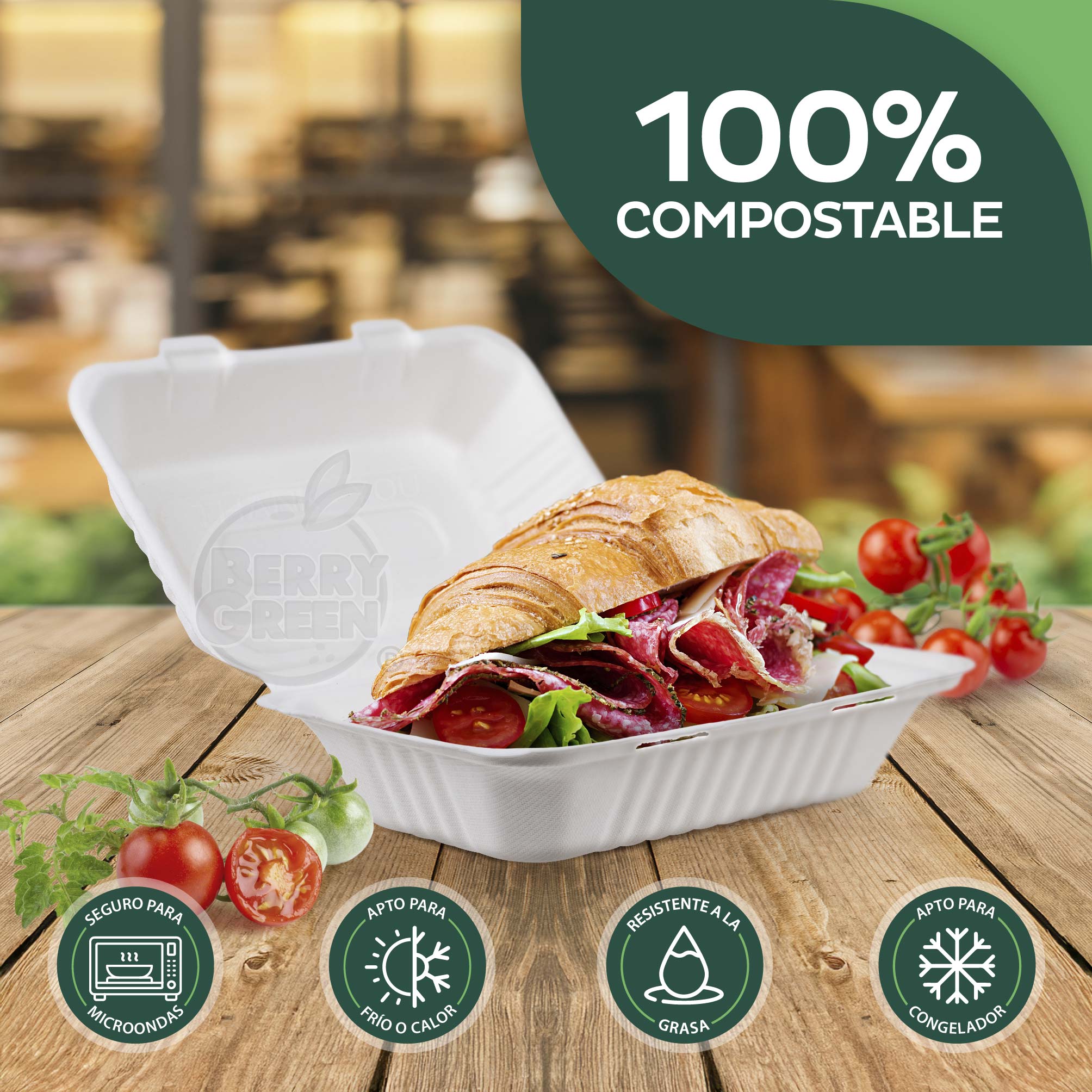 Foto 6 pulgar | Berry Green 50 Contenedores Compostables Grandes Para Alimentos, Material De Alta Calidad, Resistente A Los Liquidos