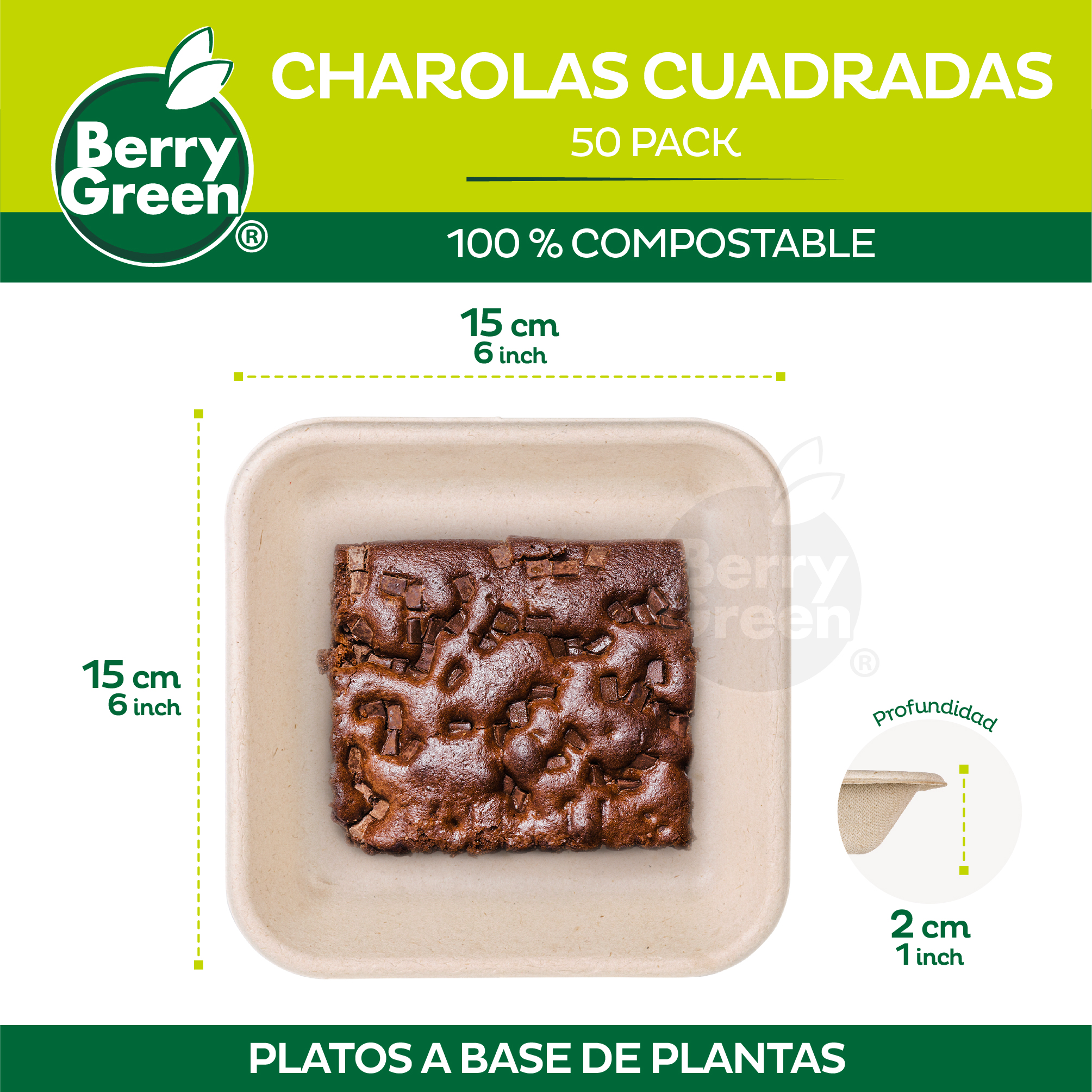 Foto 2 | Berry Green 50 Charolas Cuadradas Biodegradables De Caña De Azúcar  15.3 Cm  Naturales