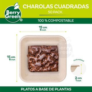 Foto 2 | Berry Green 50 Charolas Cuadradas Biodegradables De Caña De Azúcar 15.3 Cm Naturales