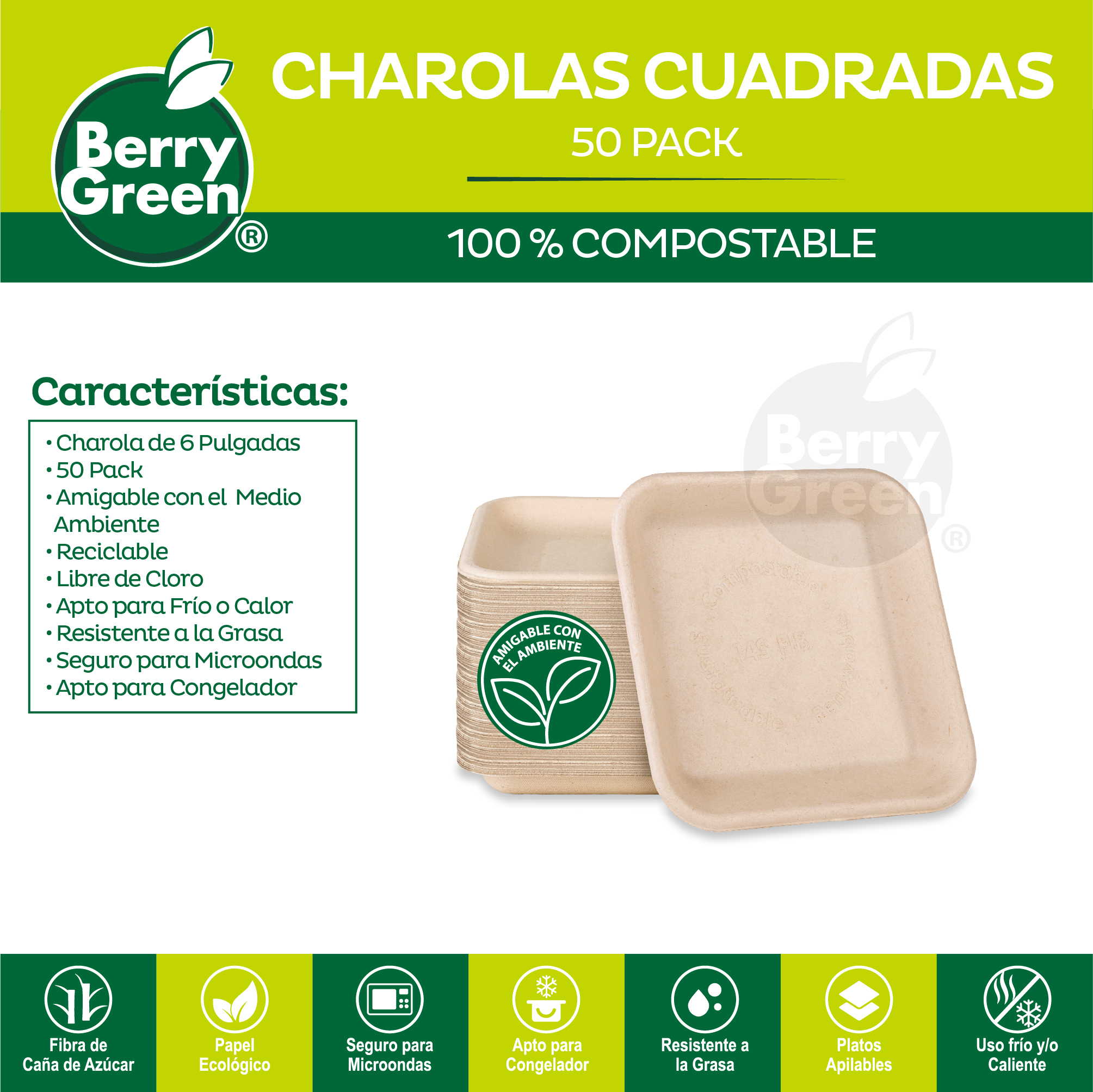 Foto 4 pulgar | Berry Green 50 Charolas Cuadradas Biodegradables De Caña De Azúcar  15.3 Cm  Naturales