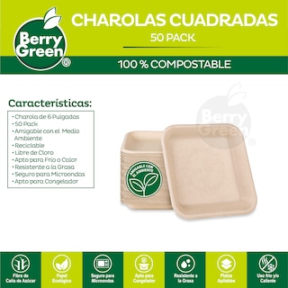 Foto 3 | Berry Green 50 Charolas Cuadradas Biodegradables De Caña De Azúcar 15.3 Cm Naturales