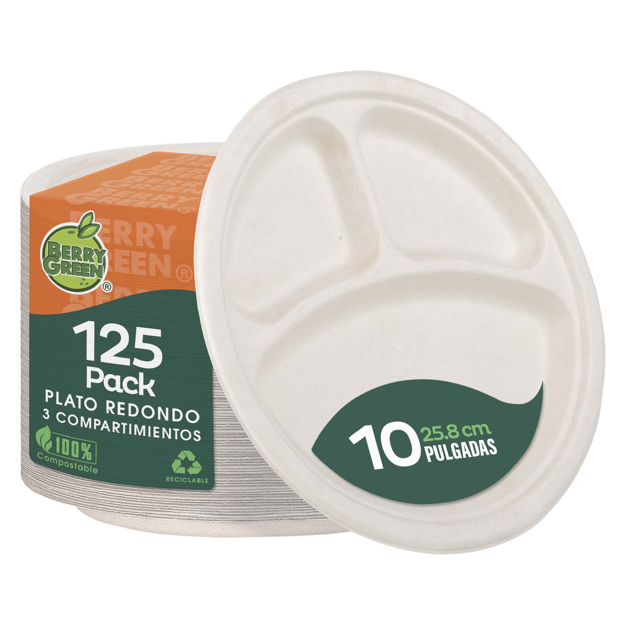 Foto 2 pulgar | Berry Green 125 Platos Grandes Con Divisiones, 100% Compostables, Material De Alta Calidad, Resistentes A Los Liquidos
