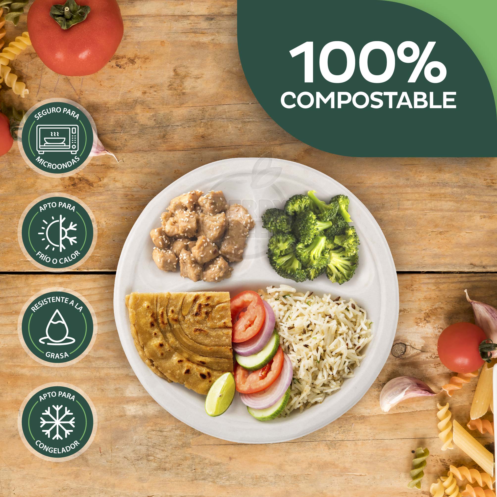 Foto 3 pulgar | Berry Green 125 Platos Grandes Con Divisiones, 100% Compostables, Material De Alta Calidad, Resistentes A Los Liquidos