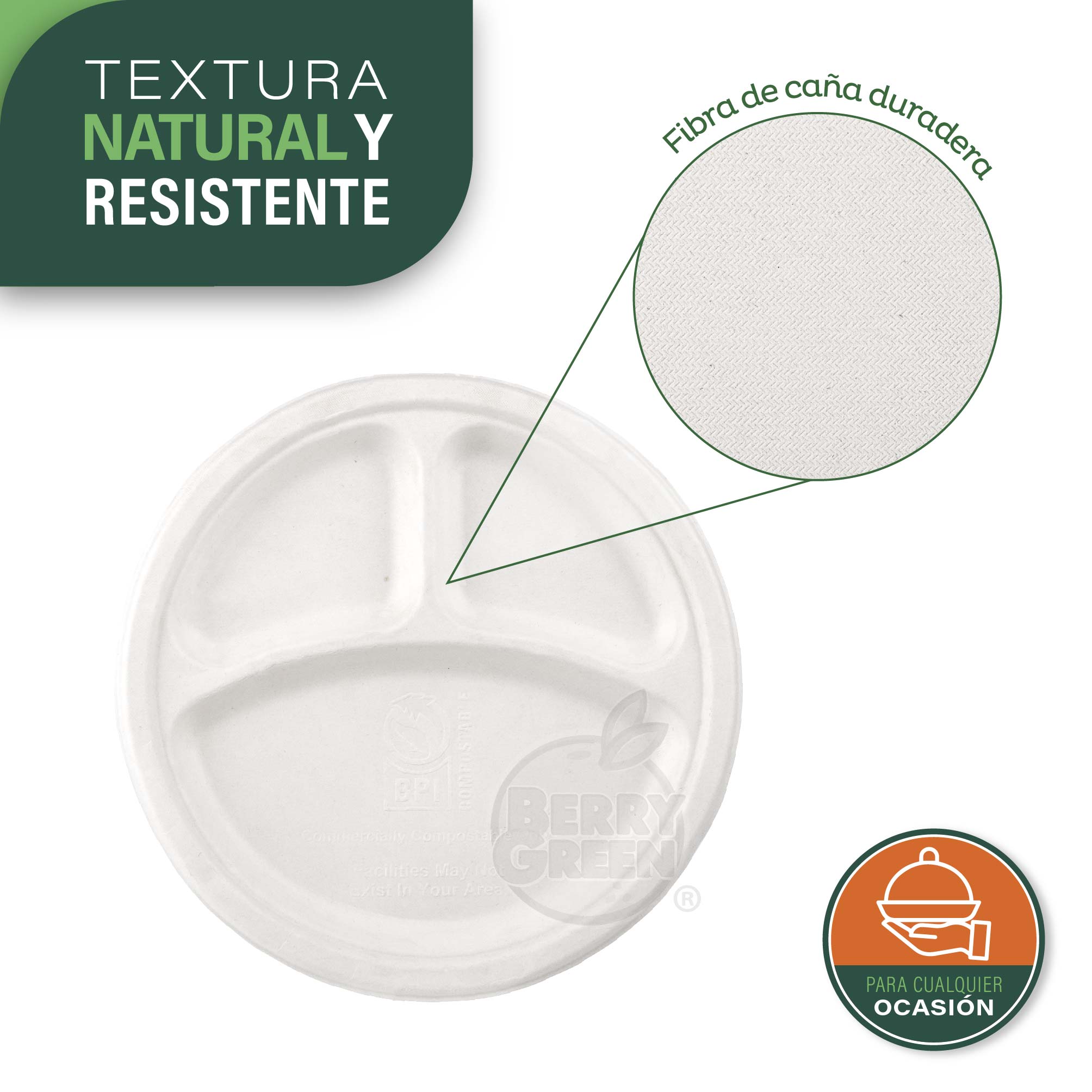 Foto 4 pulgar | Berry Green 125 Platos Grandes Con Divisiones, 100% Compostables, Material De Alta Calidad, Resistentes A Los Liquidos