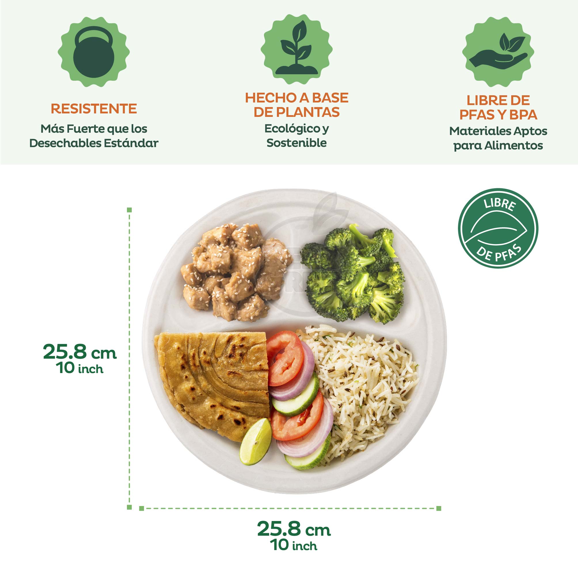 Foto 7 | Berry Green 125 Platos Grandes Con Divisiones, 100% Compostables, Material De Alta Calidad, Resistentes A Los Liquidos