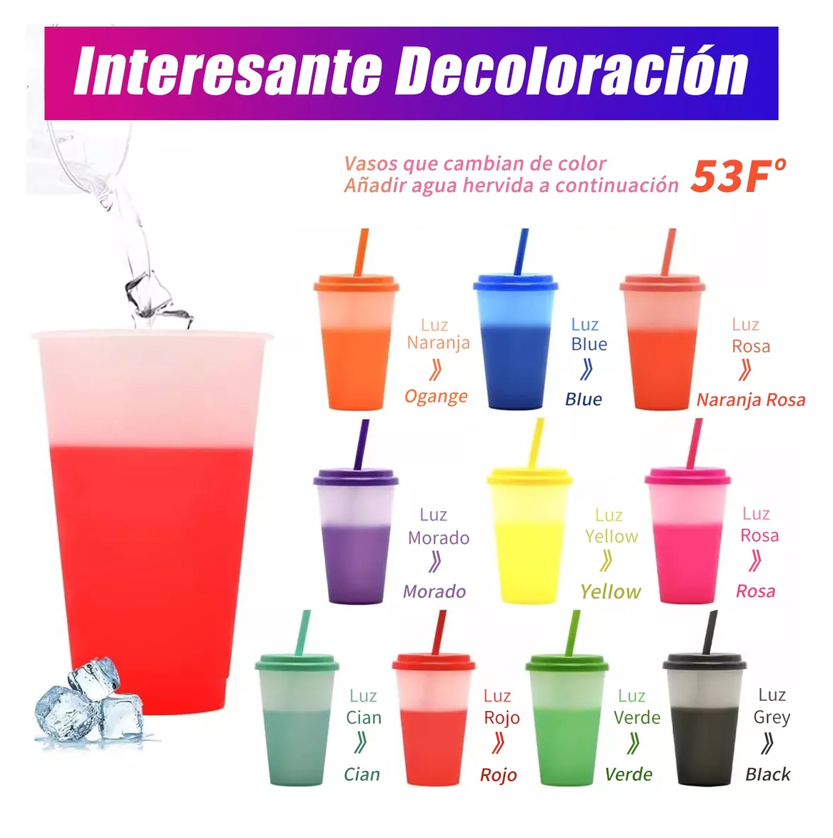 Foto 3 pulgar | Vasos Mágicos Que Cambia De Color Con Tapa 710 Ml 10 Piezas