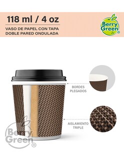 Foto 3 | Berry Green Vasos Corrugados Para Café Con Tapa 4 Oz (118 Ml) Paquete De 60 Vasos Y 60 Tapas Resistentes Ecológicos