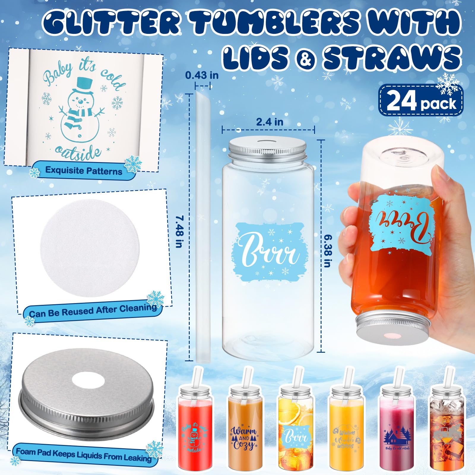 Foto 3 pulgar | Vasos Skylety Winter De Plástico Reutilizables De 400 Ml Con Tapas Y Pajitas - Venta Internacional.