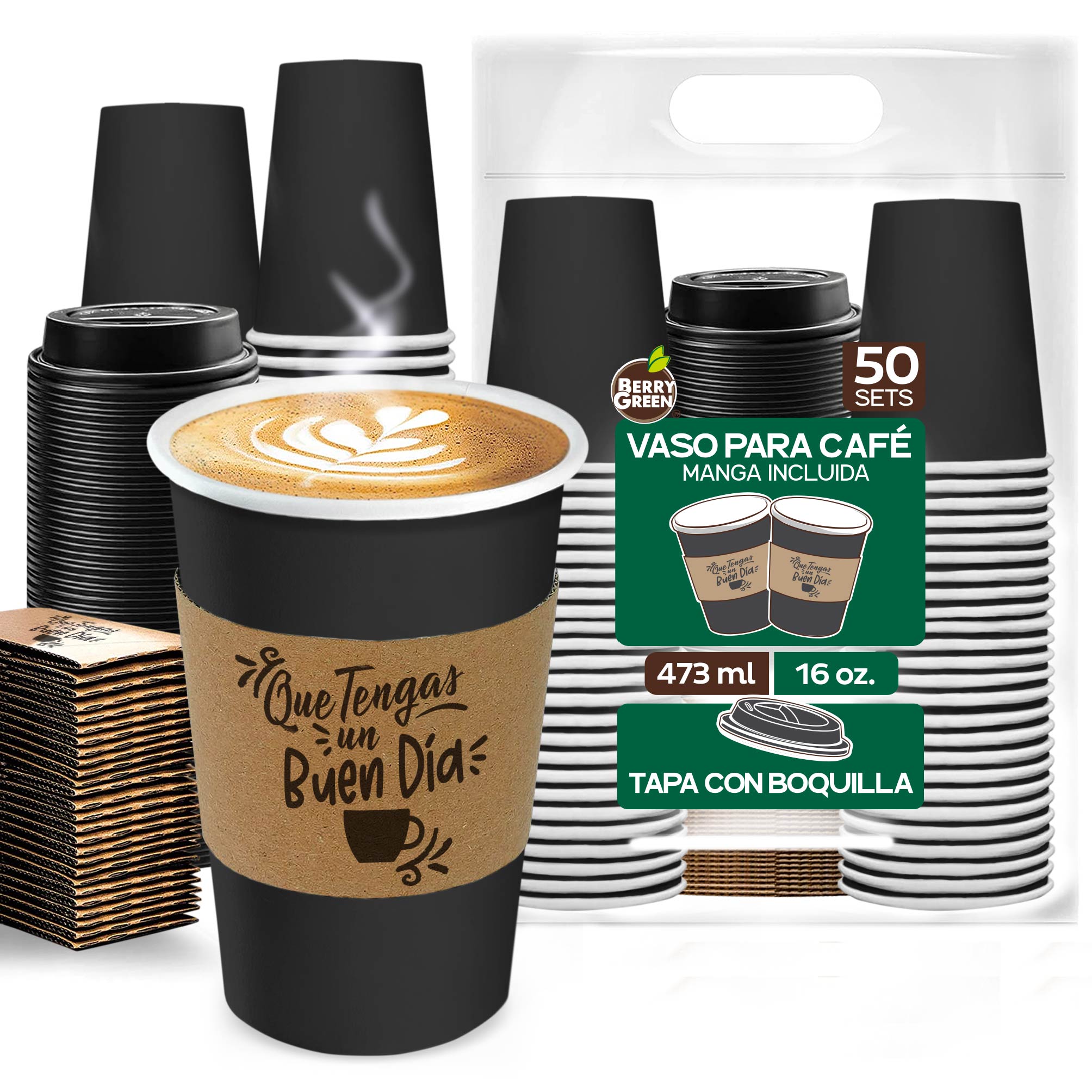Foto 1 | Berry Green 50 Vasos Negros Biodegradables Con Tapa Y Manga  16 Oz  Para Bebidas Calientes