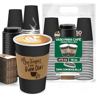 Foto 1 | Berry Green 50 Vasos Negros Biodegradables Con Tapa Y Manga 16 Oz Para Bebidas Calientes
