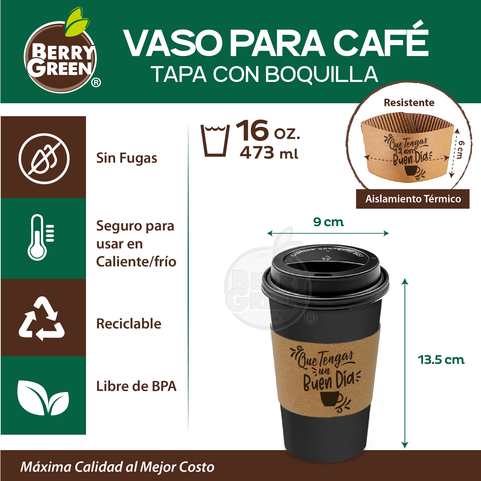 Foto 2 | Berry Green 50 Vasos Negros Biodegradables Con Tapa Y Manga  16 Oz  Para Bebidas Calientes