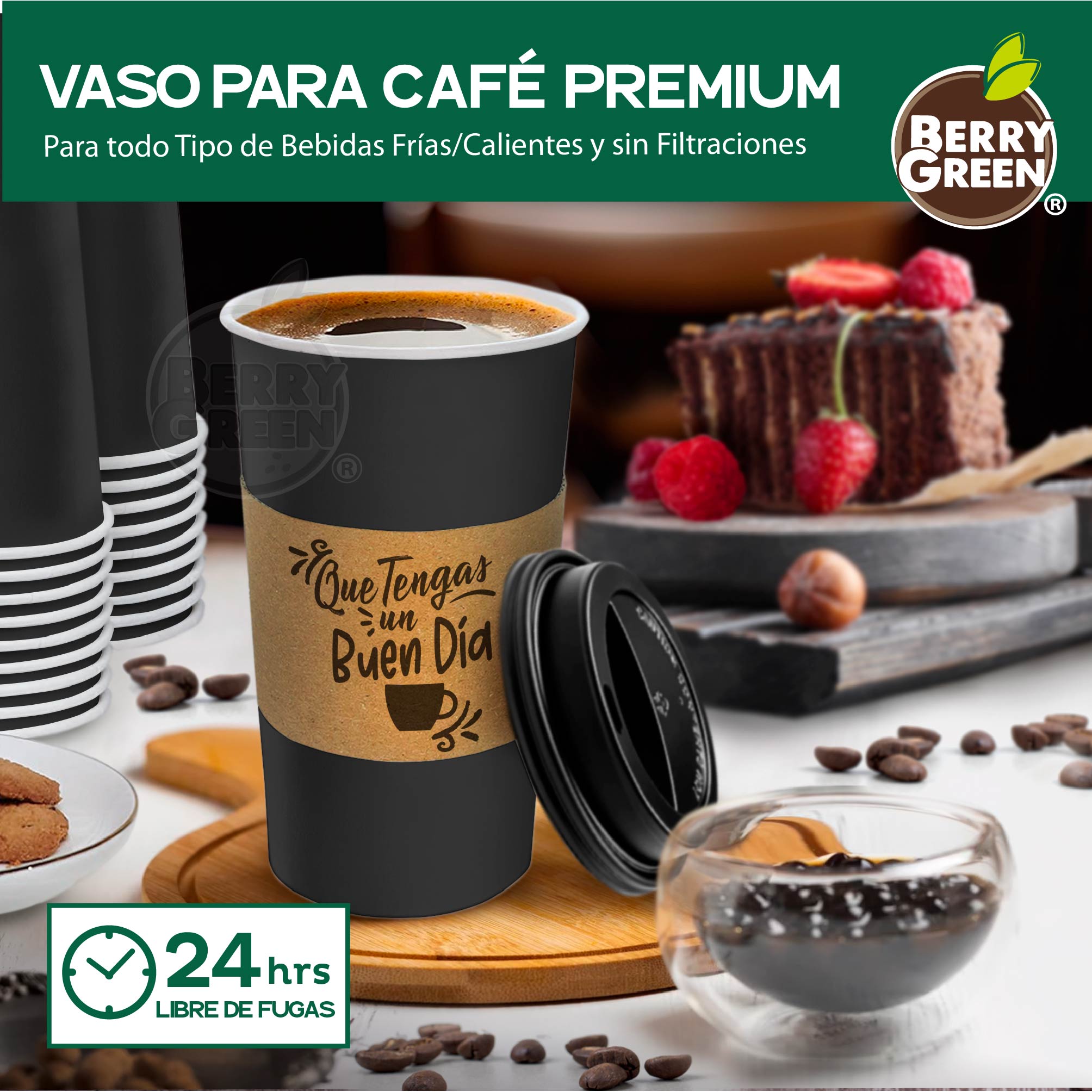 Foto 3 | Berry Green 50 Vasos Negros Biodegradables Con Tapa Y Manga  16 Oz  Para Bebidas Calientes