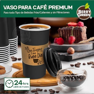 Foto 3 | Berry Green 50 Vasos Negros Biodegradables Con Tapa Y Manga 16 Oz Para Bebidas Calientes