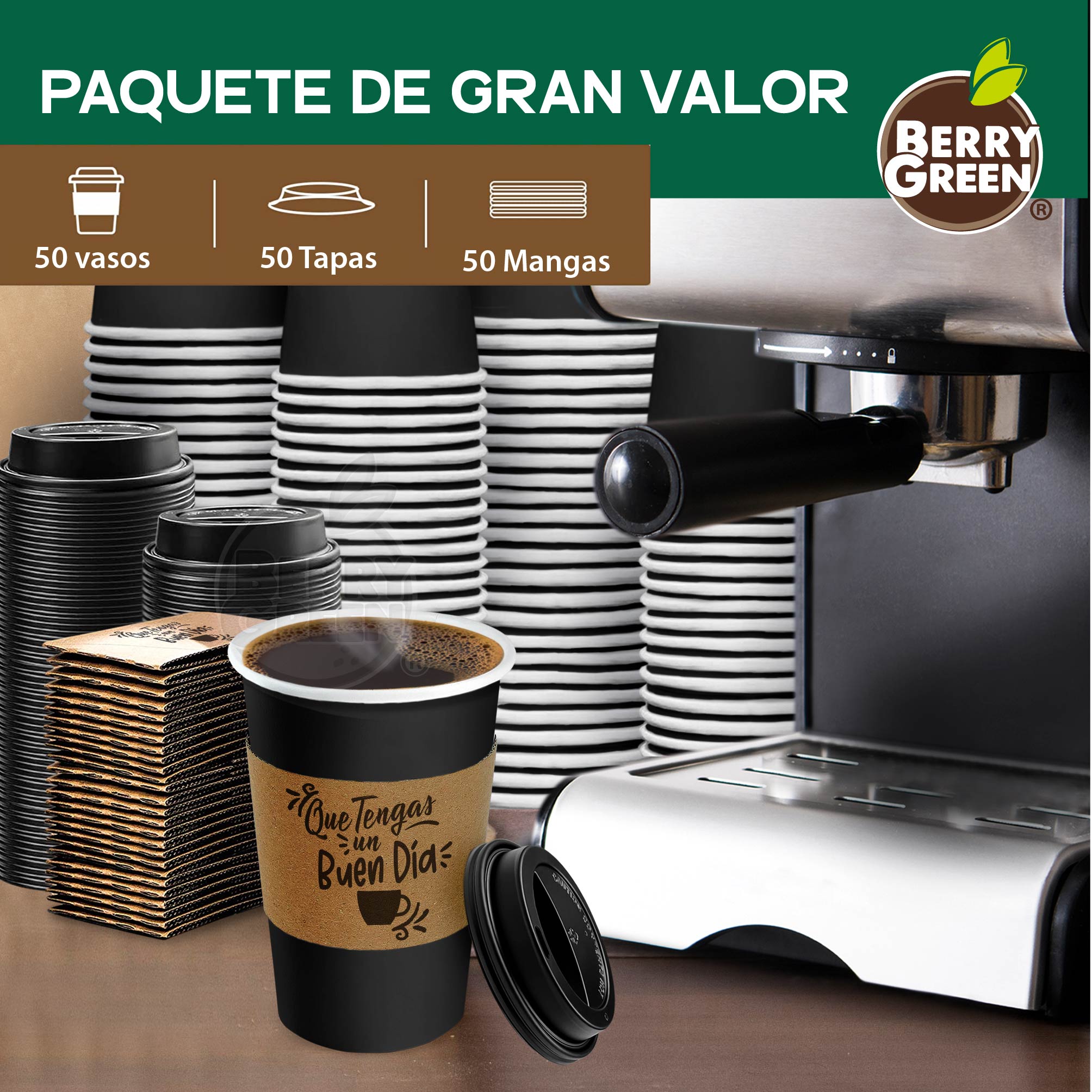 Foto 6 pulgar | Berry Green 50 Vasos Negros Biodegradables Con Tapa Y Manga  16 Oz  Para Bebidas Calientes