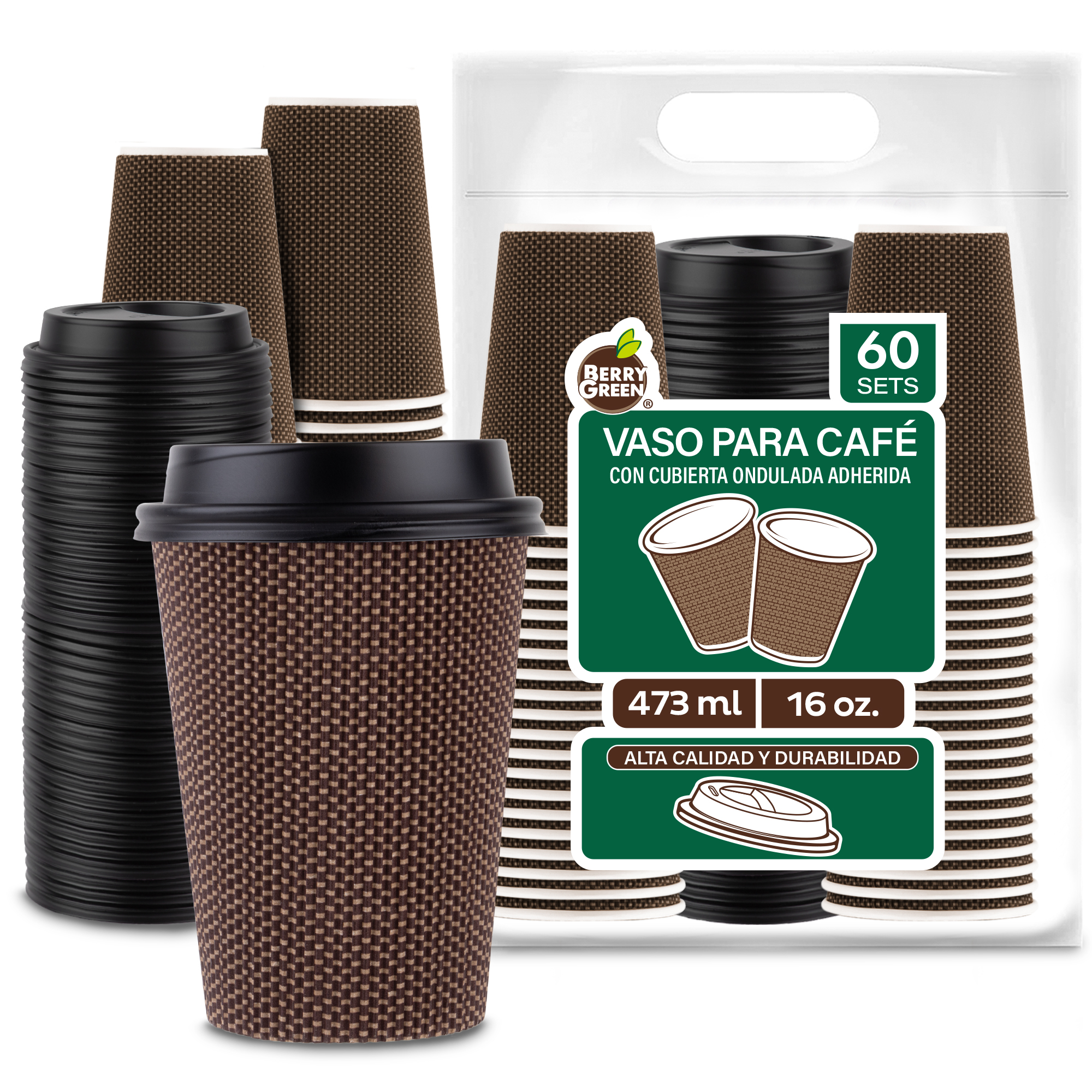 Foto 1 | Berry Green Vasos Corrugados Para Café 16oz Con Tapa  60pzs  Biodegradables  Resistentes Y Sin Derrames