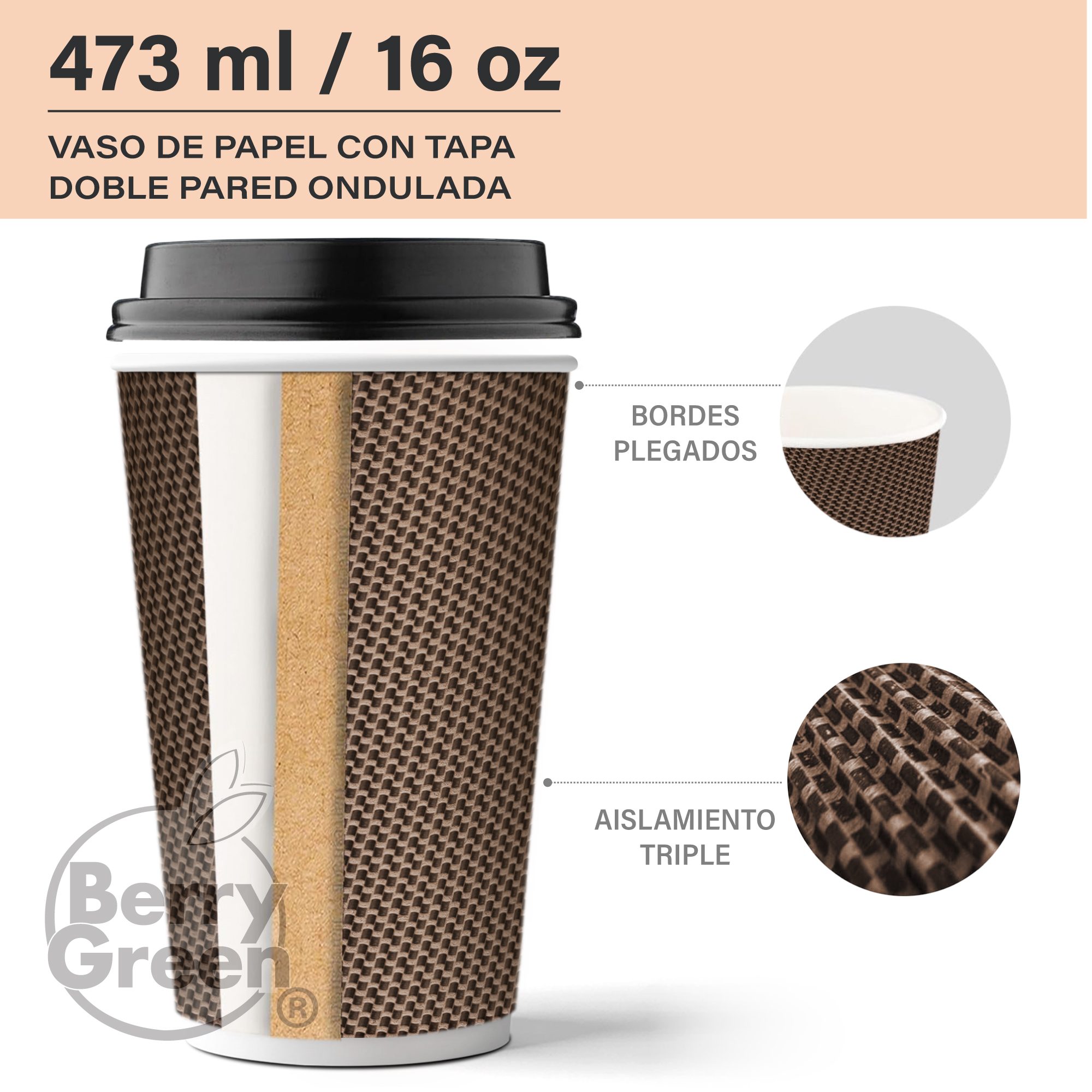 Foto 4 | Berry Green Vasos Corrugados Para Café 16oz Con Tapa  60pzs  Biodegradables  Resistentes Y Sin Derrames