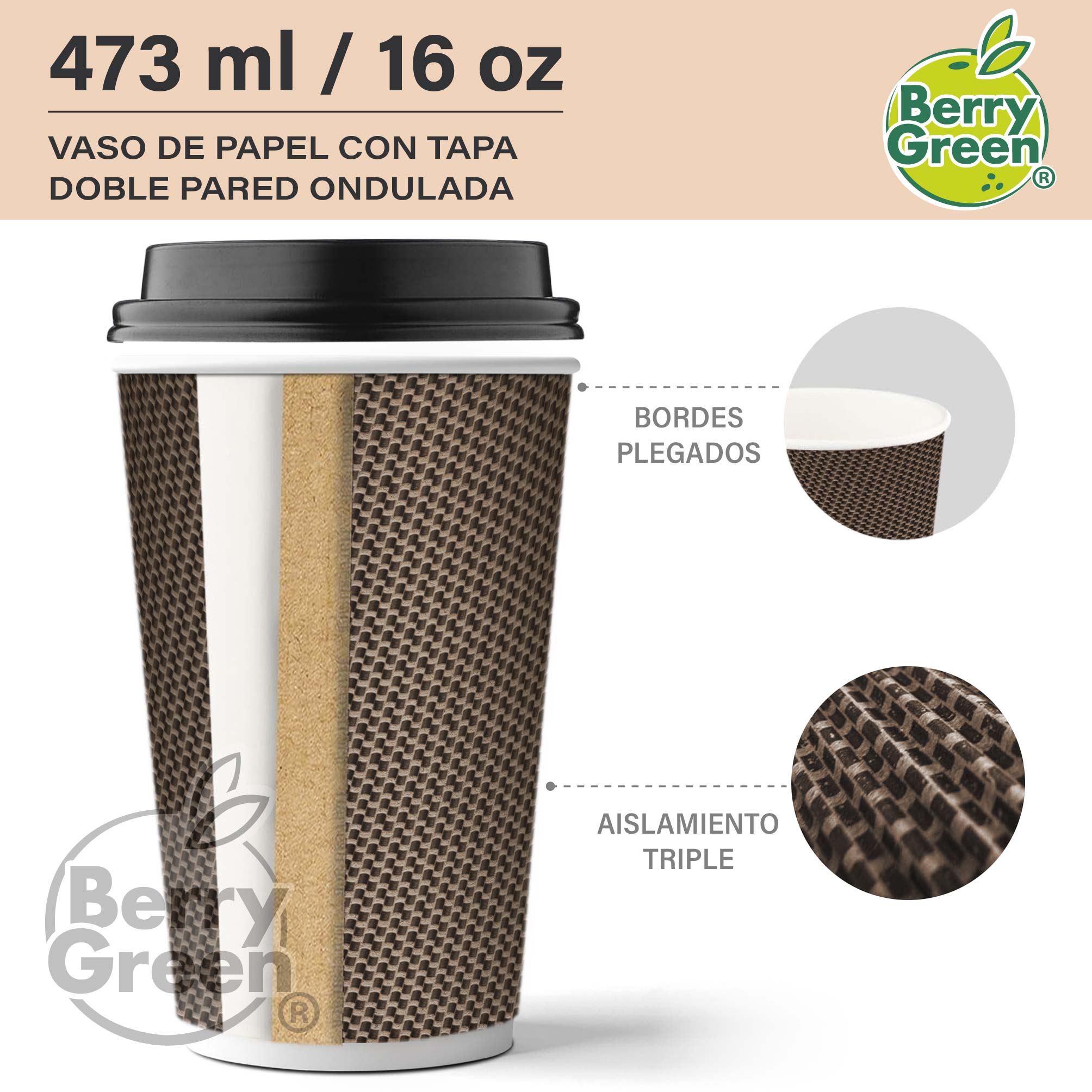 Foto 9 pulgar | Berry Green Vasos Corrugados Para Café 16oz Con Tapa  60pzs  Biodegradables  Resistentes Y Sin Derrames
